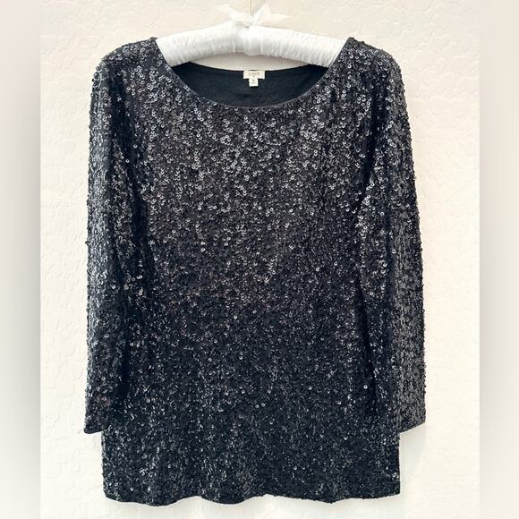 J.CREW | Black Sequin Sparkly Party Minimalist 3/4 Sleeve Top | Small - Picture 1 of 7